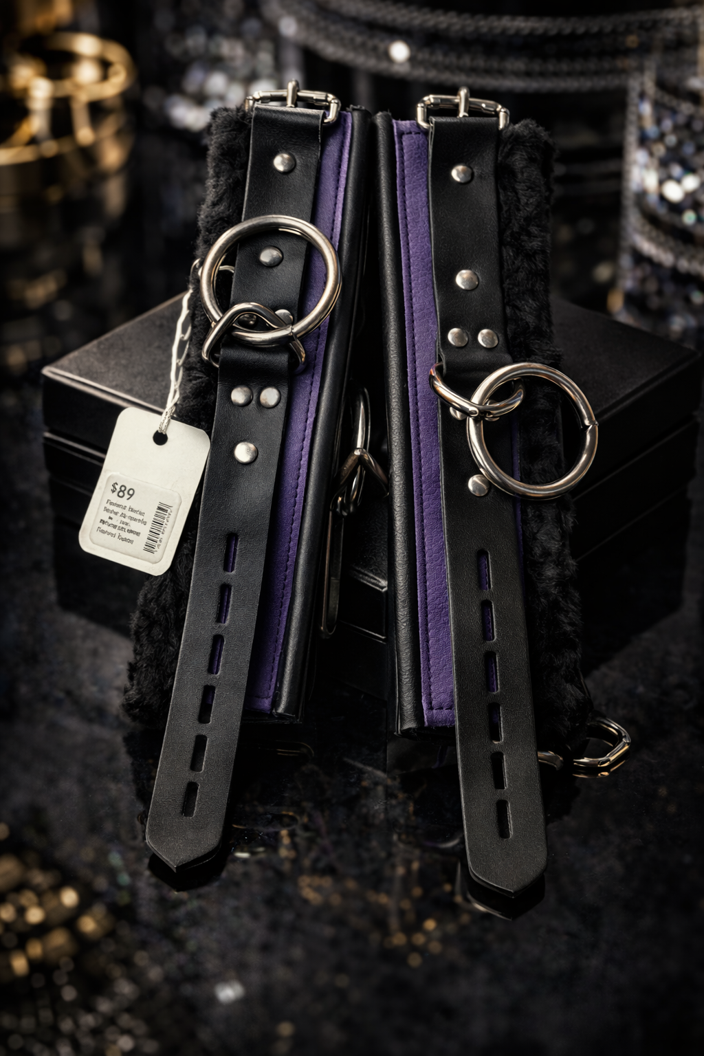 Rapture Cuffs: ankle restraints purple rolled fleece with fur inside